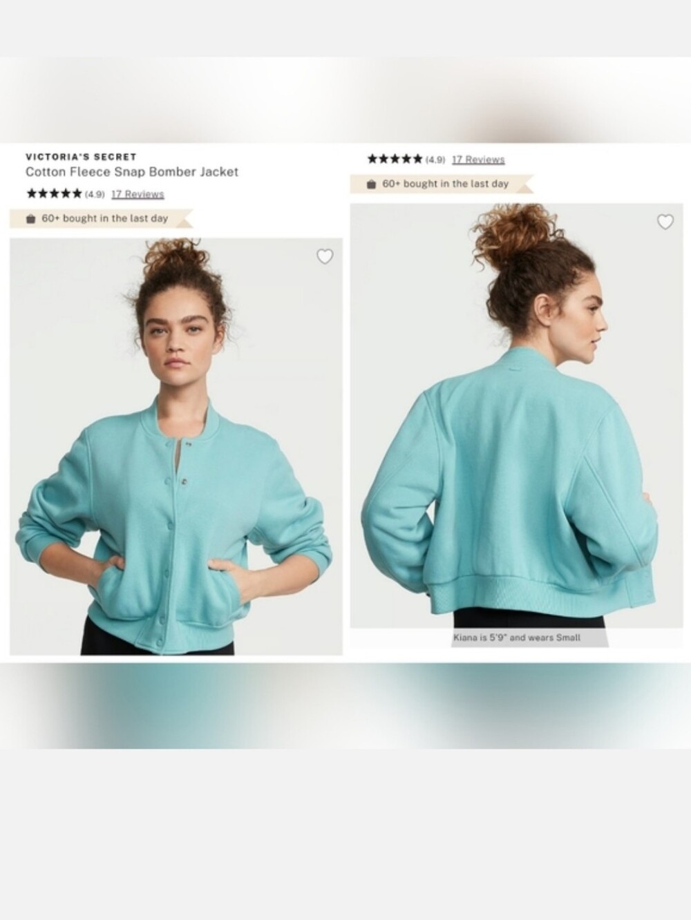 Victoria's Secret Cotton Cozy Fleece Bomber Jacket XLARGE Fountain Blue
